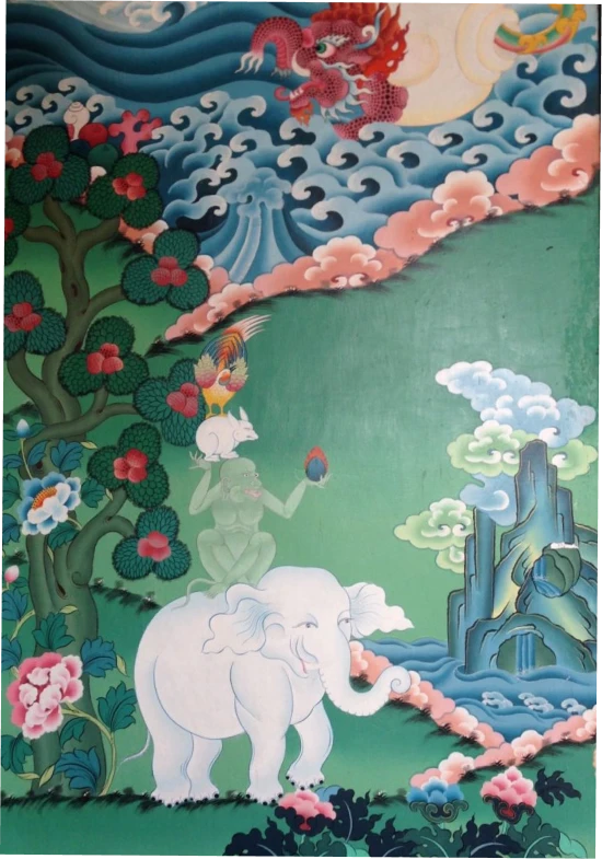 Traditional Bhutanese painting of a white elephant among flowering hills
